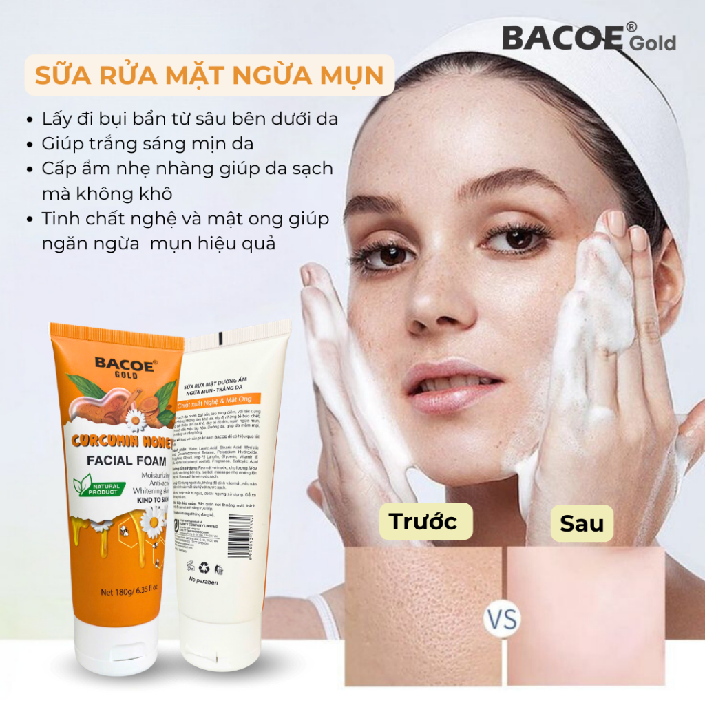 Sữa Rửa Mặt Bacoe Gold Tinh Chất Nghệ Mật Ong Trắng Da Ngừa Mụn 180g