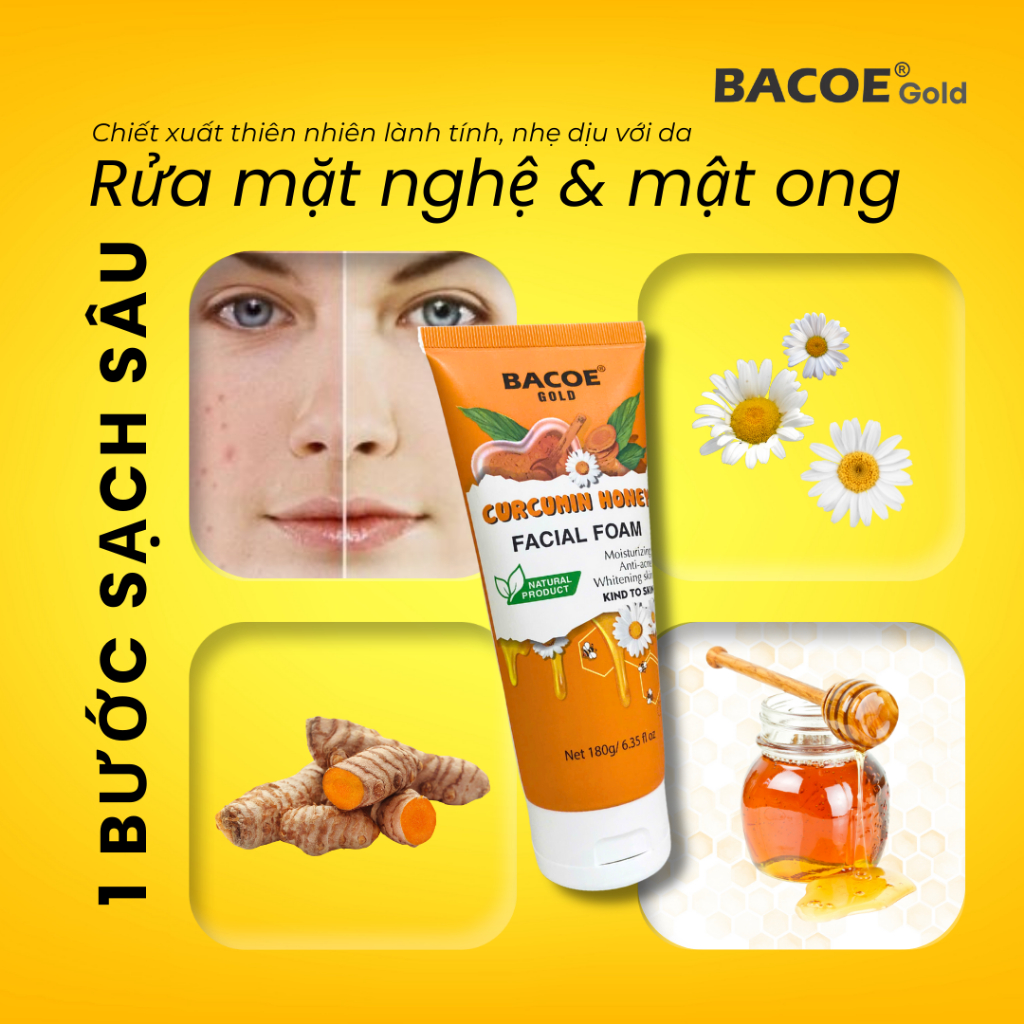 Sữa Rửa Mặt Bacoe Gold Tinh Chất Nghệ Mật Ong Trắng Da Ngừa Mụn 180g