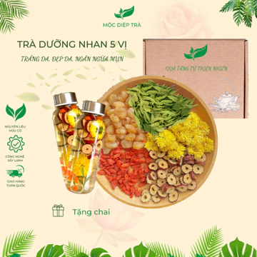 Trà dưỡng nhan 5 vị thảo mộc, trà hoa cúc hộp 30 gói trà tặng chai thủy tinh, Mộc Diệp Trà Tea