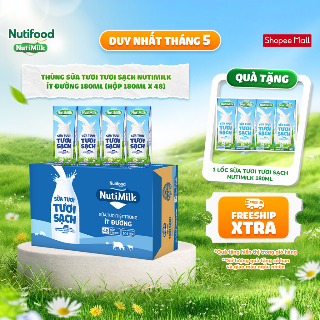 Ảnh Thùng Sữa Tươi Tươi Sạch NutiMilk Ít Đường 180ml (Hộp 180ml x 48) 1