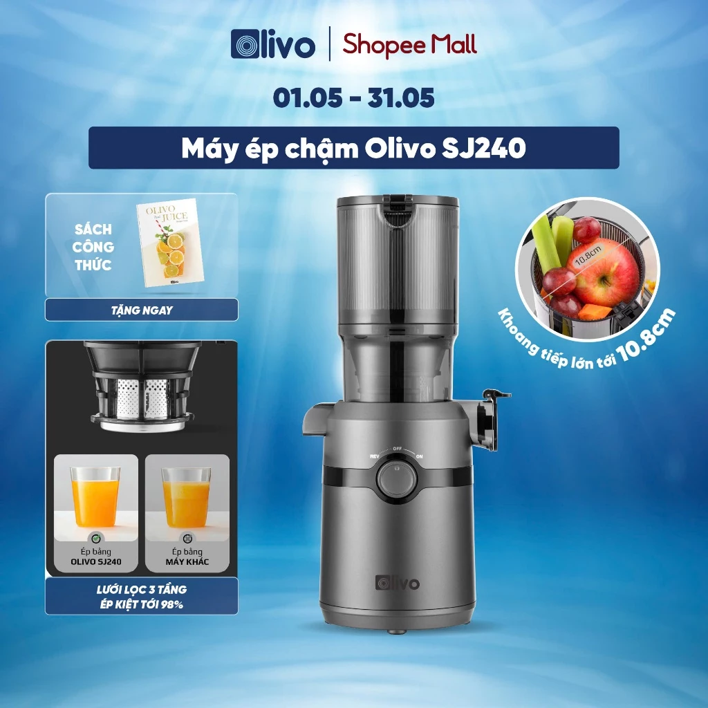 Máy Ép Chậm OLIVO SJ240 - Máy Ép Trái Cây, Rau Củ Kiệt Bã 98% - Làm Kem Hoa Quả - Cổ Ép Rộng - Dễ Vệ Sinh
