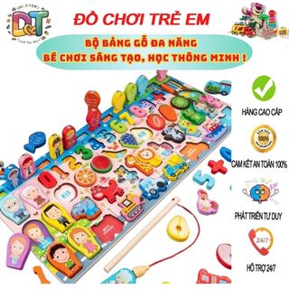 Bộ bảng gỗ câu cá học chữ, học số, ghép hình học động vật, trái cây đồ chơi phát triển trí tuệ cho bé