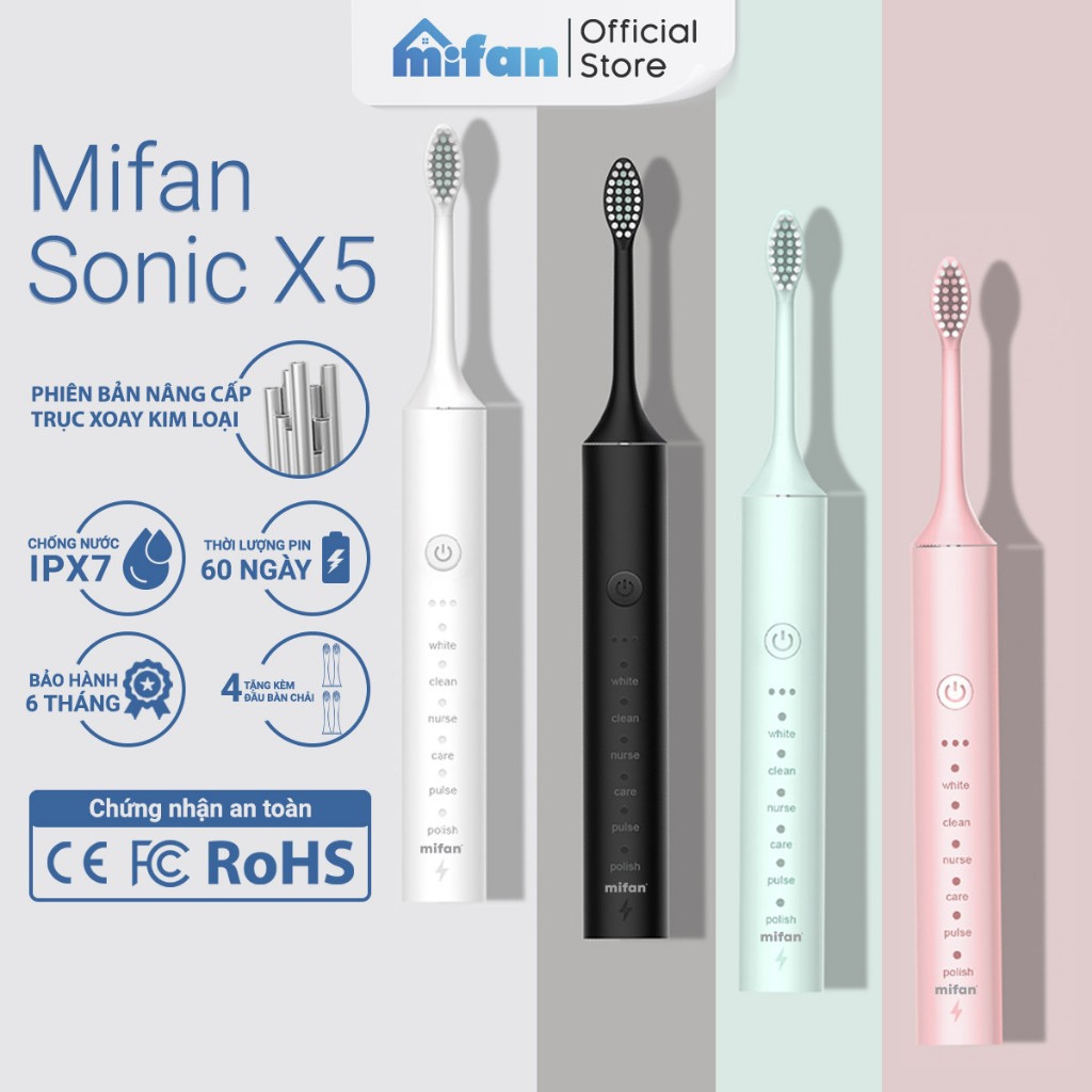 Bàn Chải Điện MIFAN Sonic X5 / X7 - Máy đánh răng sóng âm công nghệ Đức - Tặng kèm 3 đầu thay thế