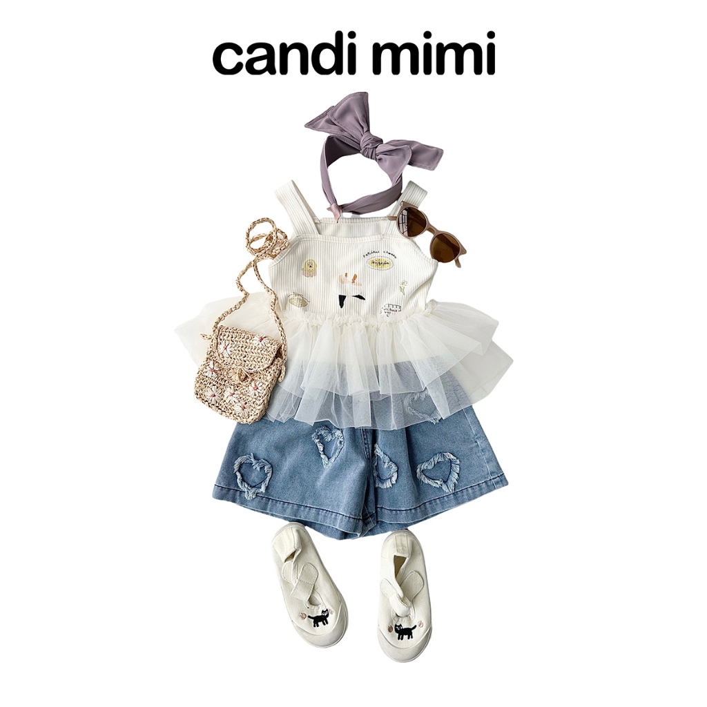 CANDi MIMI Áo babydoll cách điệu gấu bèo lưới - Phong cách Hàn Quốc