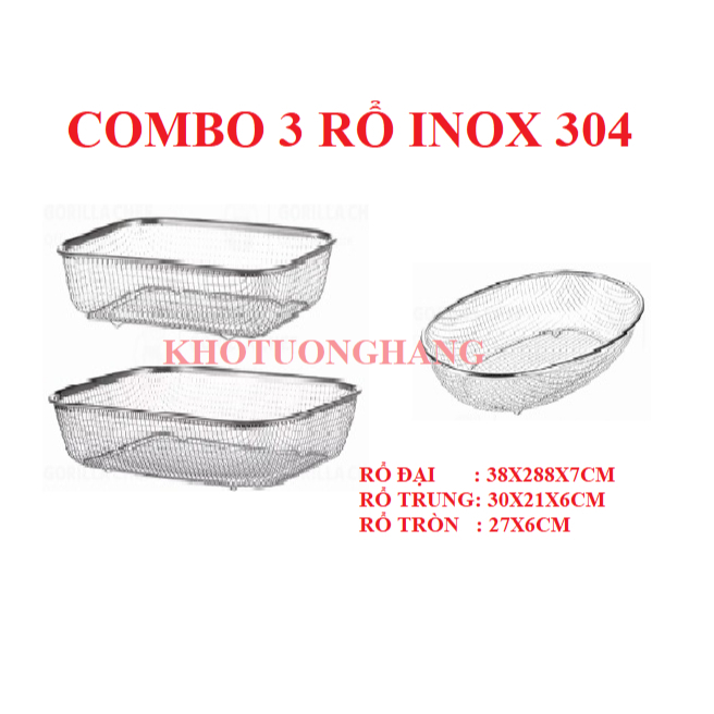 Bộ 3 Chiếc Rổ/Rá Inox 304 size lớn Hàng DÀY, Rổ inox kiểu Nhật Đa Năng ...