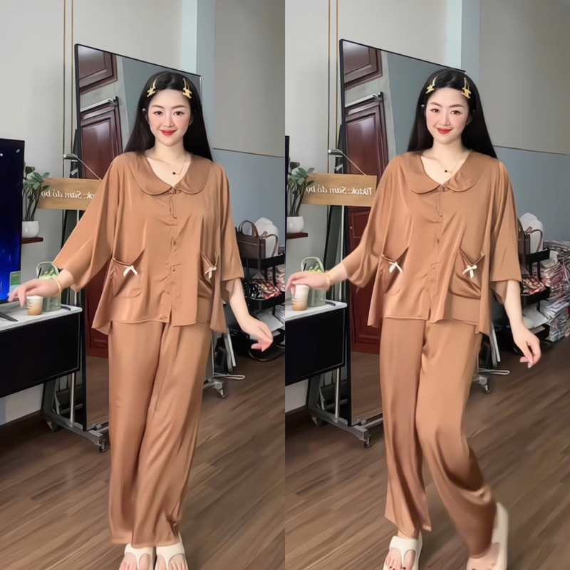 45-65kg Bộ Pijama cổ sen tay ngắn túi nơ lụa latin mềm mát