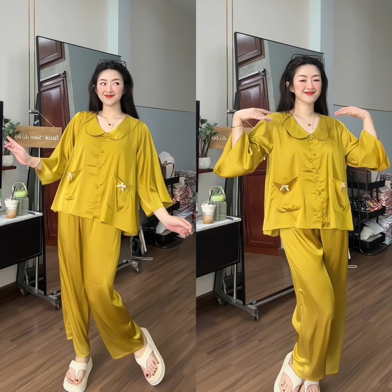 45-65kg Bộ Pijama cổ sen tay ngắn túi nơ lụa latin mềm mát