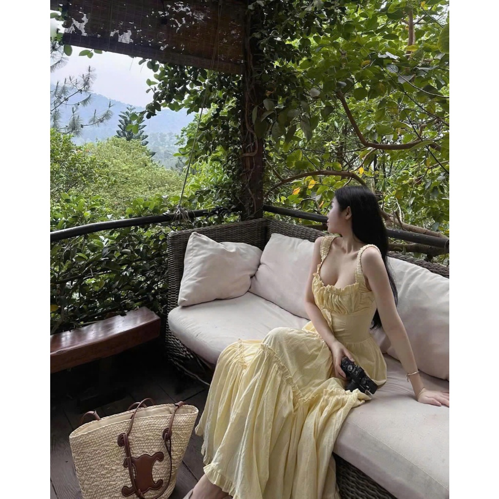 Váy Đầm Maxi 2 Dây Đi Biển Dáng Dài Cổ Vuông Màu Vàng, Váy Hai Dây Tầng Cúp Ngực Đẹp - CHAMIE STUDIO