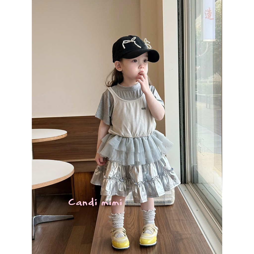 CANDI MIMI Áo thun phối yếm gấu giả váy tutu dễ thương - Phong cách Hàn Quốc