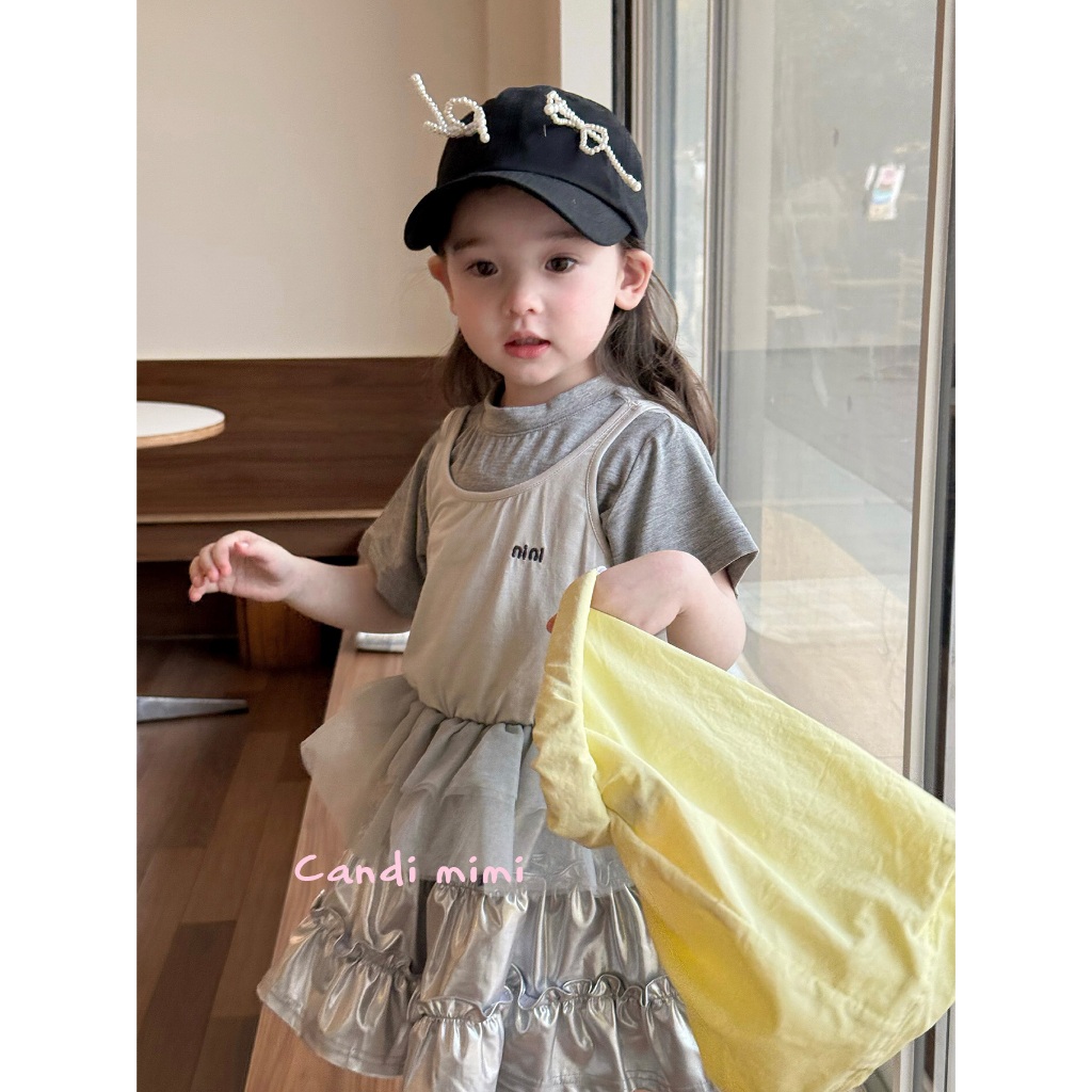 CANDI MIMI Áo thun phối yếm gấu giả váy tutu dễ thương - Phong cách Hàn Quốc
