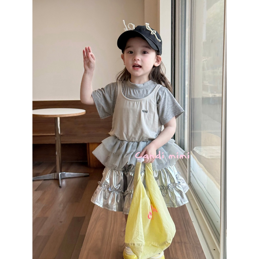 CANDI MIMI Áo thun phối yếm gấu giả váy tutu dễ thương - Phong cách Hàn Quốc
