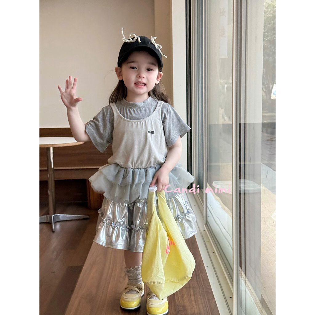 CANDI MIMI Áo thun phối yếm gấu giả váy tutu dễ thương - Phong cách Hàn Quốc