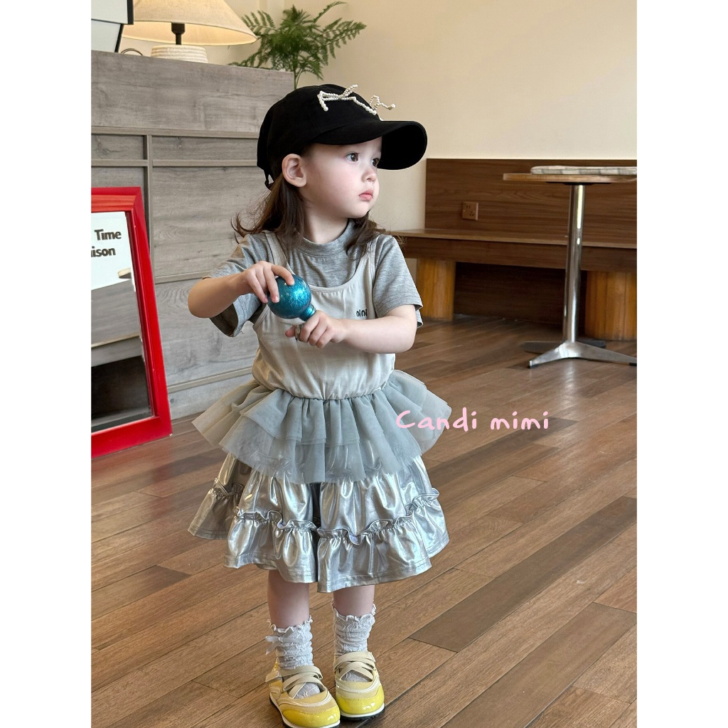 CANDI MIMI Áo thun phối yếm gấu giả váy tutu dễ thương - Phong cách Hàn Quốc