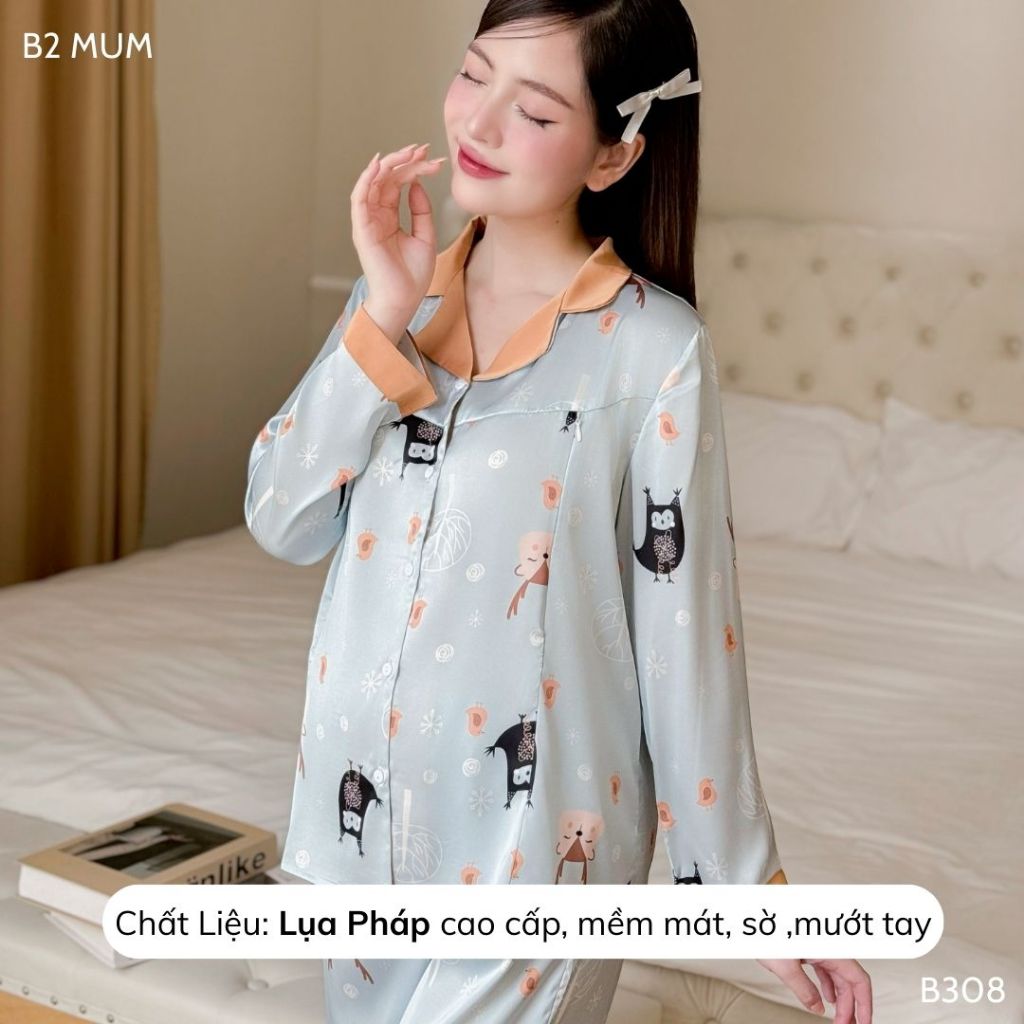 Đồ bộ bầu và sau sinh lụa pháp cao cấp phối cổ quần có chun chỉnh bụng áo có khóa cho bé ti B308 b917 B2MUM