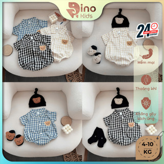Bộ đồ liền thân sơ mi caro bé trai 4-10kg. Bodysuit bé trai đầy tháng, thôi nôi. Dino Kids