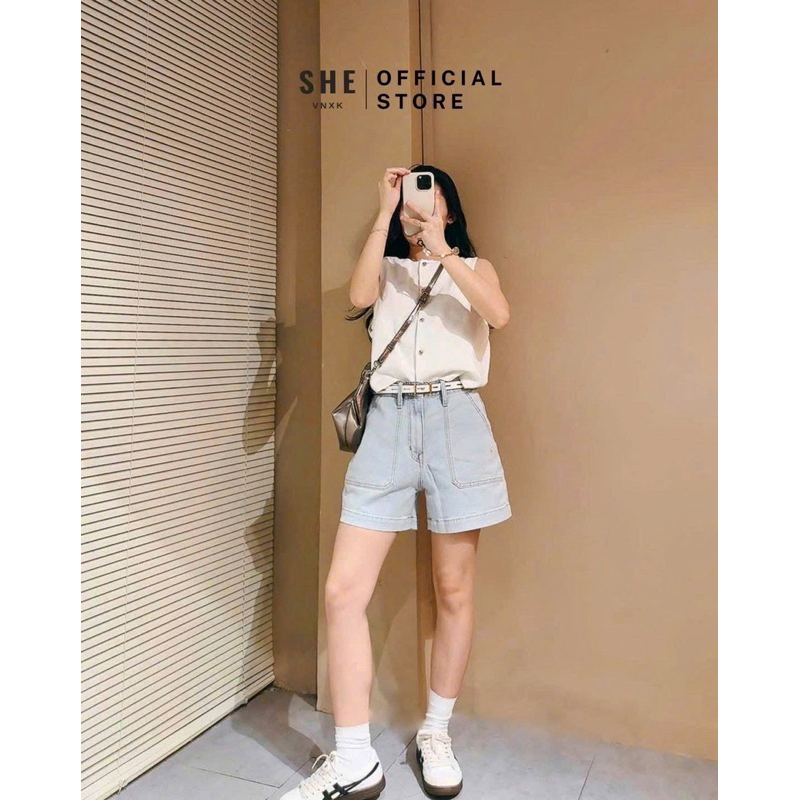 [Sỉ + Hot] Quần short jean nữ form suông cạp cao, chất mềm co giãn nhẹ, phối túi vuông kèm ảnh thật