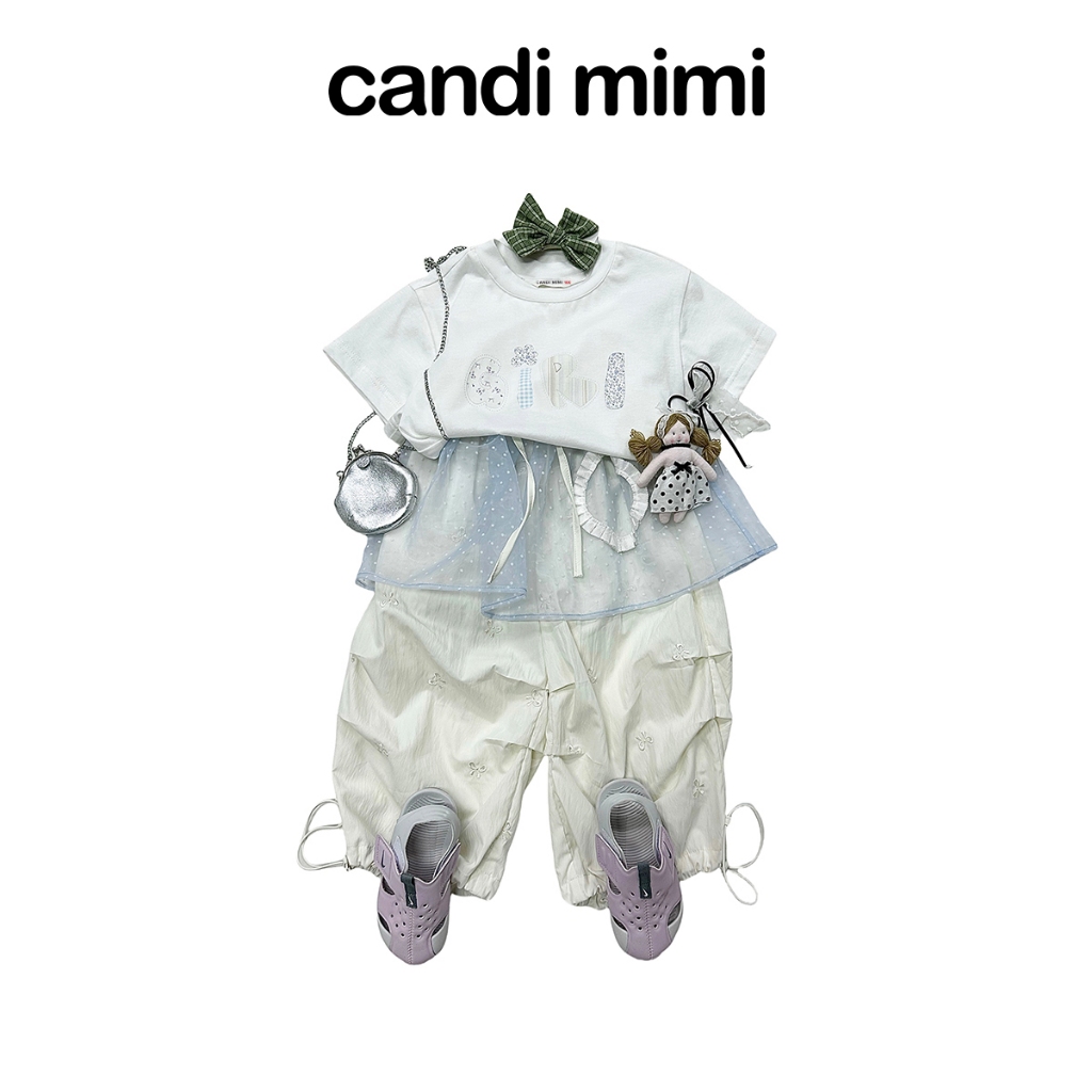 CANDI MIMI Quần bo gấu thêu nơ vạt voan xanh cao cấp - Phong cách Hàn Quốc