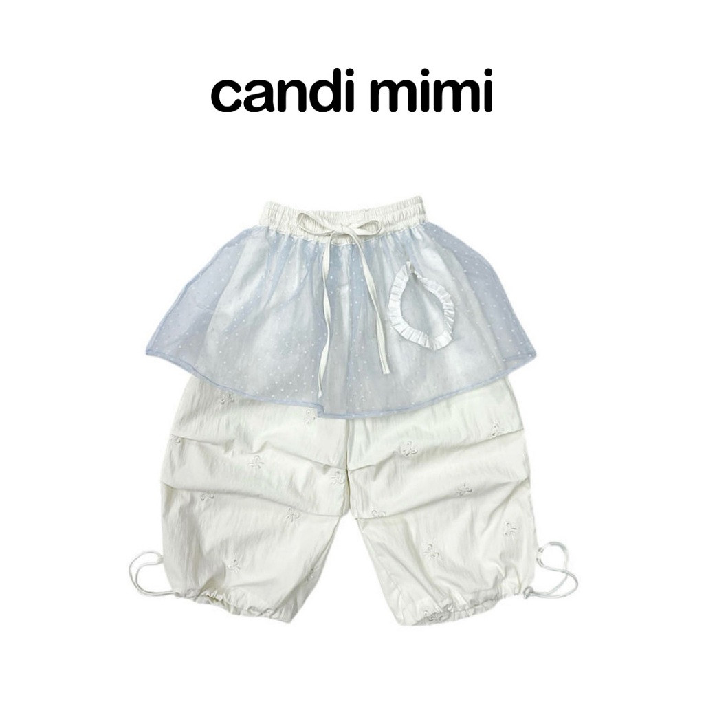 CANDI MIMI Quần bo gấu thêu nơ vạt voan xanh cao cấp - Phong cách Hàn Quốc