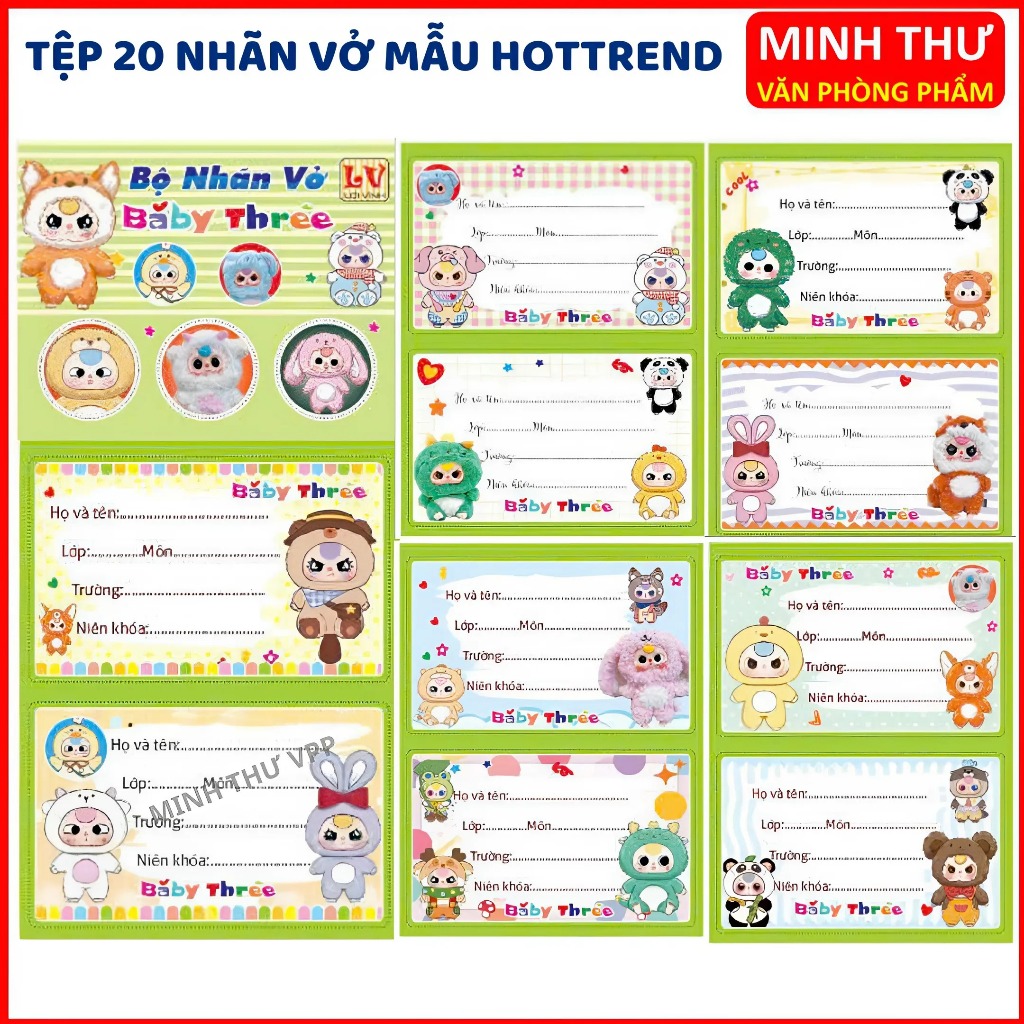 Tệp 20 cái nhãn vở bóc dán hình Baby Three , Labubu , Capybara ...