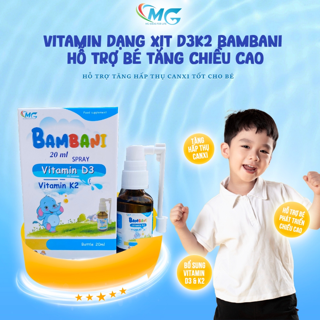 Vitamin Dạng Xịt D3K2 BAMBANI Nhập Khẩu Italy Hỗ Trợ Bé Tăng Chiều Cao Tăng Hấp Thụ Canxi Tốt Cho Sức Khoẻ Chai 20ml