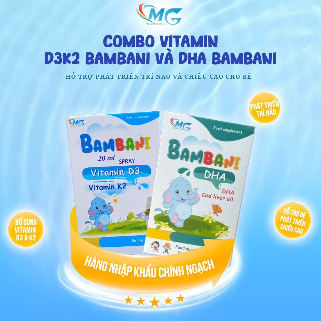 Combo Vitamin DHA BAMBANI Sray và D3K2 BAMBANI Hỗ Trợ Phát Triển Trí Não, Thị Lực, Chiều Cao Cho Bé
