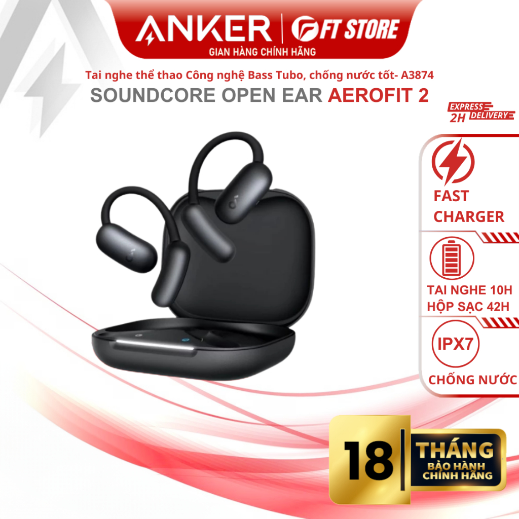 Tai nghe thể thao Bluetooth Open-ear Anker Soundcore AeroFit 2 A3874, âm thanh BassTurbo, IP55 | BigBuy360 - bigbuy360.vn
