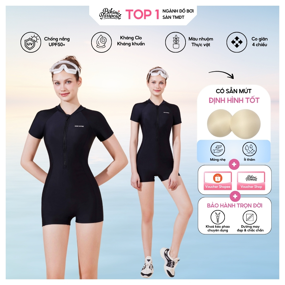 Ảnh Đồ bơi NỮ BIKINI PASSPORT kiểu Một mảnh quần short, áo tay ngắm có khóa - màu Đen - BS400_BL 1