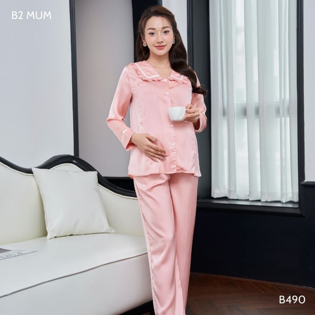 Bộ bầu thiết kế cho mẹ và sau sinh mặc hè, chất lụa ngọc trai mềm mại thoáng mát, áo cổ bèo duyên dáng - B490 B2MUM