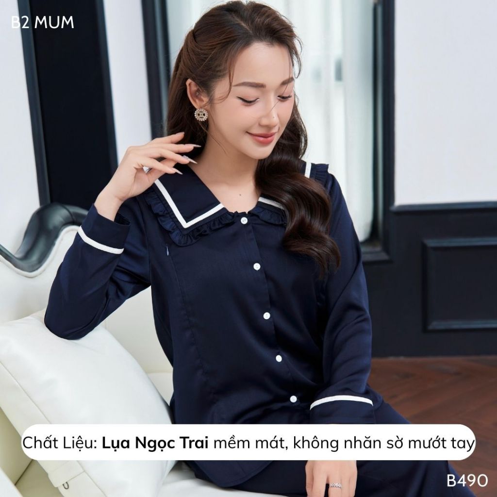 Bộ bầu thiết kế cho mẹ và sau sinh mặc hè, chất lụa ngọc trai mềm mại thoáng mát, áo cổ bèo duyên dáng - B490 B2MUM