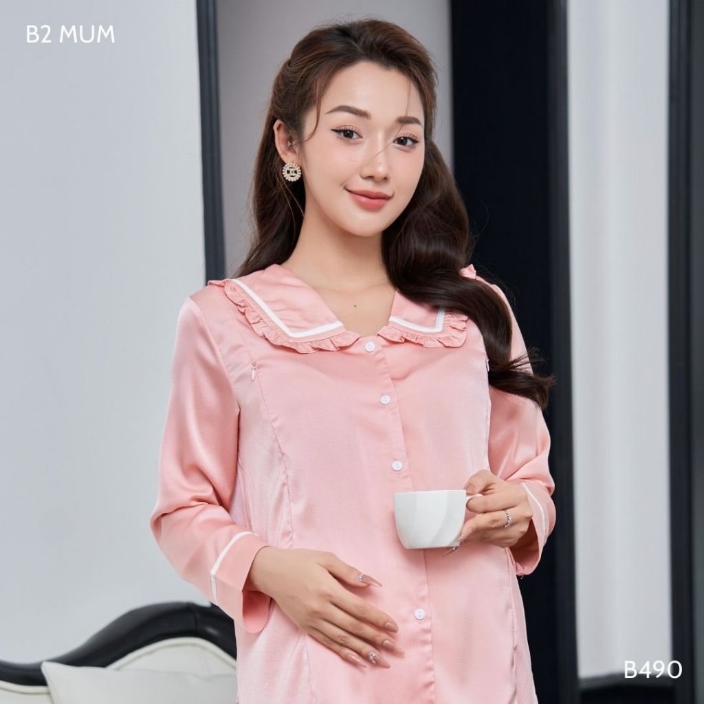 Bộ bầu thiết kế cho mẹ và sau sinh mặc hè, chất lụa ngọc trai mềm mại thoáng mát, áo cổ bèo duyên dáng - B490 B2MUM