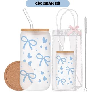 Cốc Thủy Tinh Nơ Xanh 500ml, Ly Thủy Tinh 16Oz Nắp Tre Chịu Nhiệt Kèm Phụ Kiện, Quà Tặng Sinh Nhật