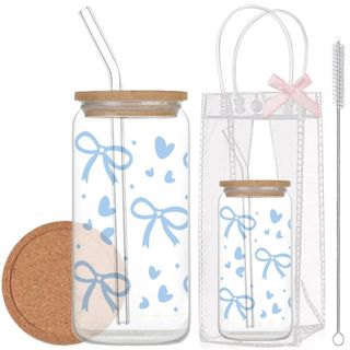 Cốc Thủy Tinh Nơ Xanh 500ml, Ly Thủy Tinh 16Oz Nắp Tre Chịu Nhiệt Kèm Phụ Kiện, Quà Tặng Sinh Nhật