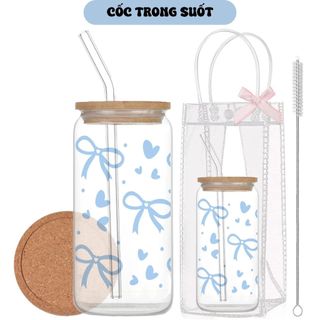 Cốc Thủy Tinh Nơ Xanh 500ml, Ly Thủy Tinh 16Oz Nắp Tre Chịu Nhiệt Kèm Phụ Kiện, Quà Tặng Sinh Nhật