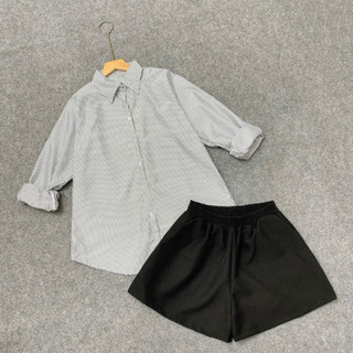 Set Sơ Mi Quần Đùi Bigsize Nữ Áo Somi Tay Dài Form Rộng Kèm Quần Short Lưng Chun (SM49+Q500)
