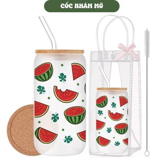 Cốc Thủy Tinh Dưa Hấu 500ml, Ly Thủy Tinh Nắp Tre 16Oz Chịu Nhiệt Kèm Phụ Kiện, Quà Tặng Sinh Nhật
