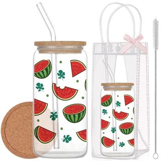 Cốc Thủy Tinh Dưa Hấu 500ml, Ly Thủy Tinh Nắp Tre 16Oz Chịu Nhiệt Kèm Phụ Kiện, Quà Tặng Sinh Nhật
