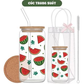Cốc Thủy Tinh Dưa Hấu 500ml, Ly Thủy Tinh Nắp Tre 16Oz Chịu Nhiệt Kèm Phụ Kiện, Quà Tặng Sinh Nhật