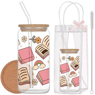 Cốc Thủy Tinh Book Lover 500ml, Ly Thủy Tinh Nắp Tre 16Oz Chịu Nhiệt Kèm Phụ Kiện, Quà Tặng Sinh Nhật