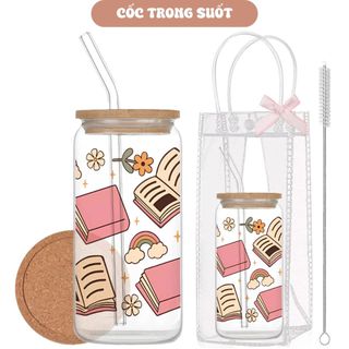 Cốc Thủy Tinh Book Lover 500ml, Ly Thủy Tinh Nắp Tre 16Oz Chịu Nhiệt Kèm Phụ Kiện, Quà Tặng Sinh Nhật