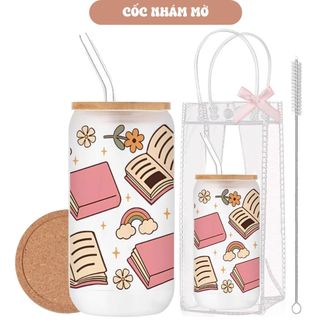 Cốc Thủy Tinh Book Lover 500ml, Ly Thủy Tinh Nắp Tre 16Oz Chịu Nhiệt Kèm Phụ Kiện, Quà Tặng Sinh Nhật