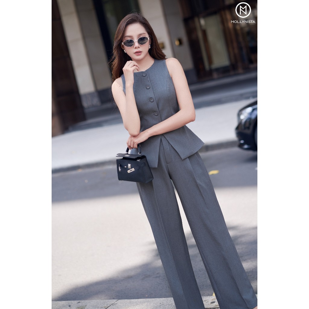 Ảnh Áo gile nữ MOLLYNISTA hai lớp cổ tròn sát nách chiết eo tôn dáng 2