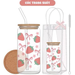 Cốc Thủy Tinh Dâu & Nơ 500ml, Ly Thủy Tinh Nắp Tre 16Oz Chịu Nhiệt Kèm Phụ Kiện, Quà Tặng Sinh Nhật