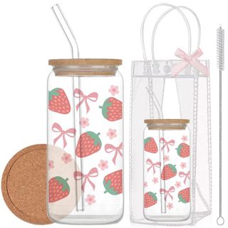 Cốc Thủy Tinh Dâu & Nơ 500ml, Ly Thủy Tinh Nắp Tre 16Oz Chịu Nhiệt Kèm Phụ Kiện, Quà Tặng Sinh Nhật