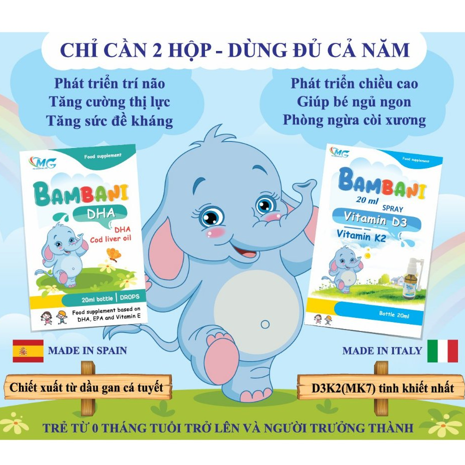 Combo Vitamin DHA BAMBANI Sray và D3K2 BAMBANI Hỗ Trợ Phát Triển Trí Não, Thị Lực, Chiều Cao Cho Bé