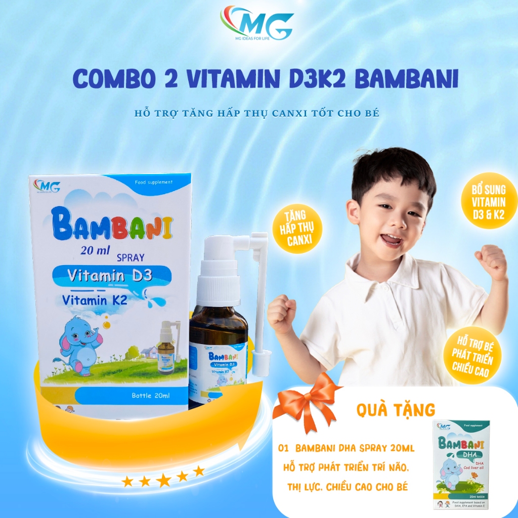[Tặng 1 Lọ DHA] Combo 2 Vitamin D3K2 Hỗ Trợ Bé Tăng Chiều Cao Tăng Hấp Thụ Canxi 20ML -  BAMBANI