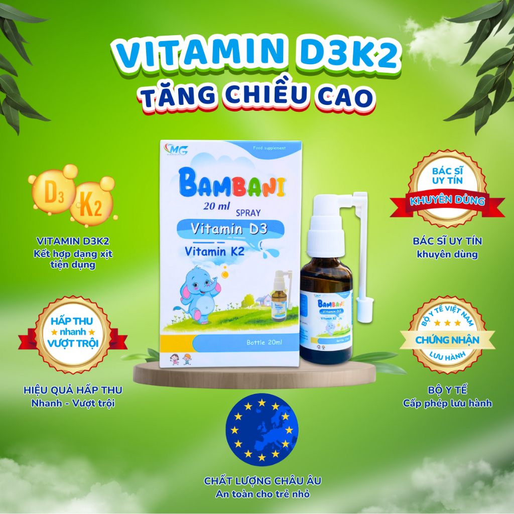 [Tặng 1 Lọ DHA] Combo 2 Vitamin D3K2 Hỗ Trợ Bé Tăng Chiều Cao Tăng Hấp Thụ Canxi 20ML -  BAMBANI