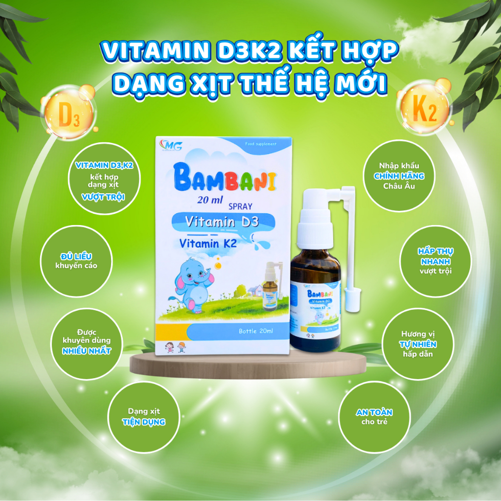[Tặng 1 Lọ DHA] Combo 2 Vitamin D3K2 Hỗ Trợ Bé Tăng Chiều Cao Tăng Hấp Thụ Canxi 20ML -  BAMBANI