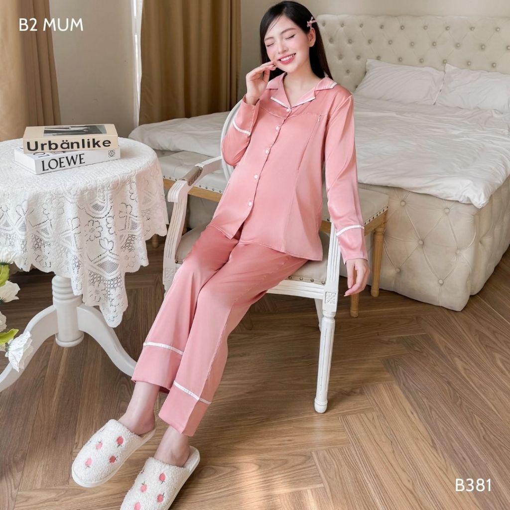 [BỘ LỤA DÀI] Bộ bầu và sau sinh lụa latin cao cấp quần có chun chỉnh áo có khóa bé ti - B381 B2MUM