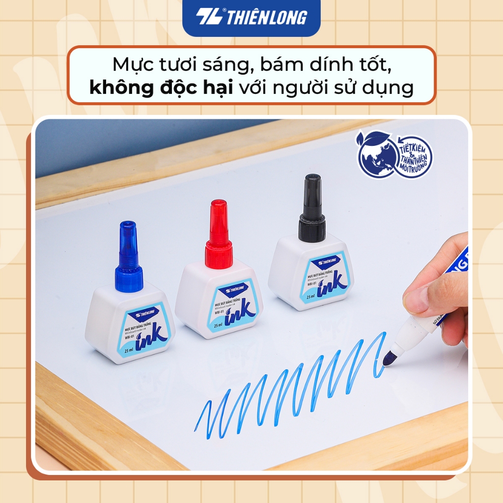 Ảnh Mực bút lông bảng bôi được WBI-01 Thiên Long 3 màu, xanh/đỏ/đen, bơm tiện lợi, mực tươi, khô nhanh, tiêu chuẩn quốc tế 3