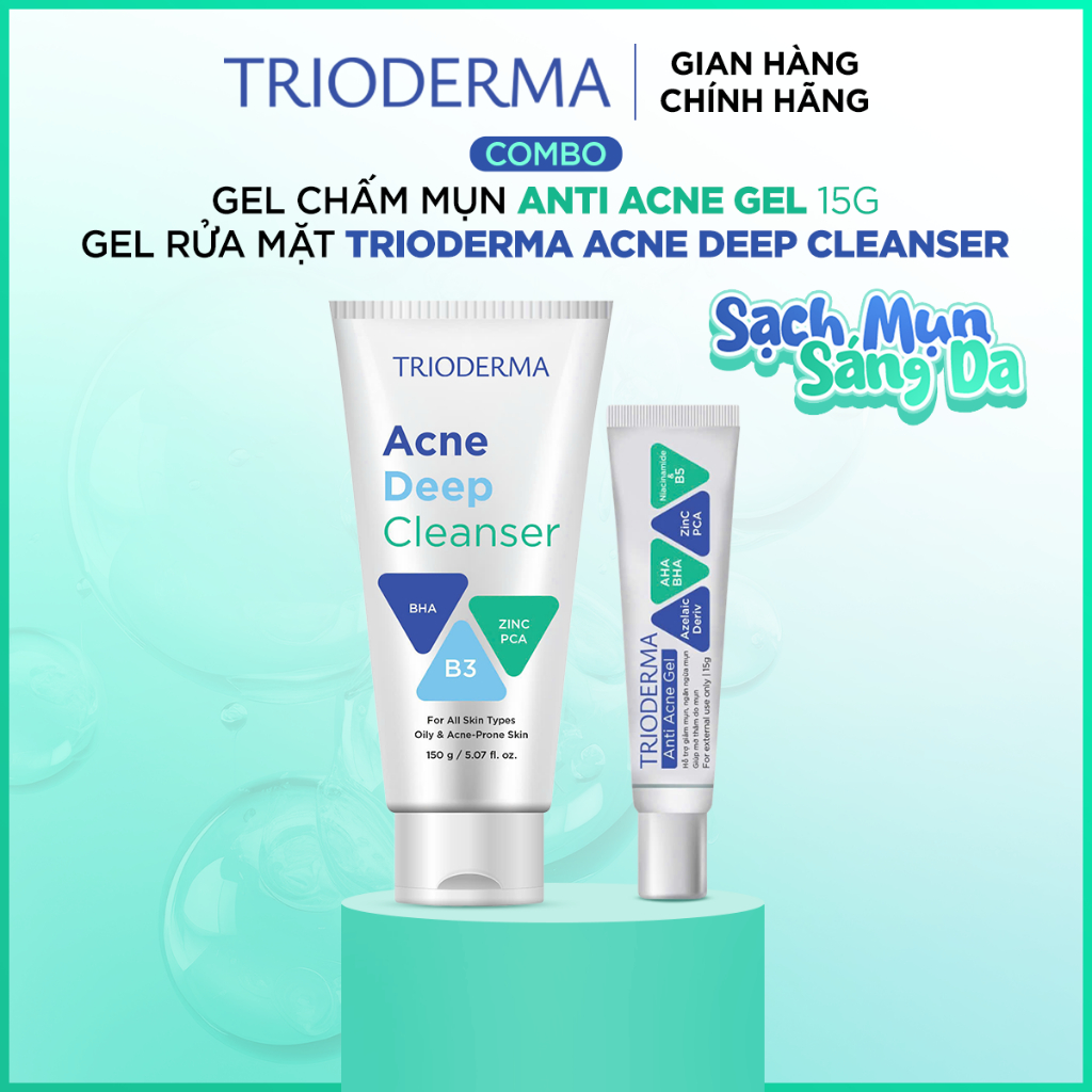 Bộ đôi Gel mụn Anti Acne Gel 15g & Gel rửa mặt Trioderma Acne Deep ...